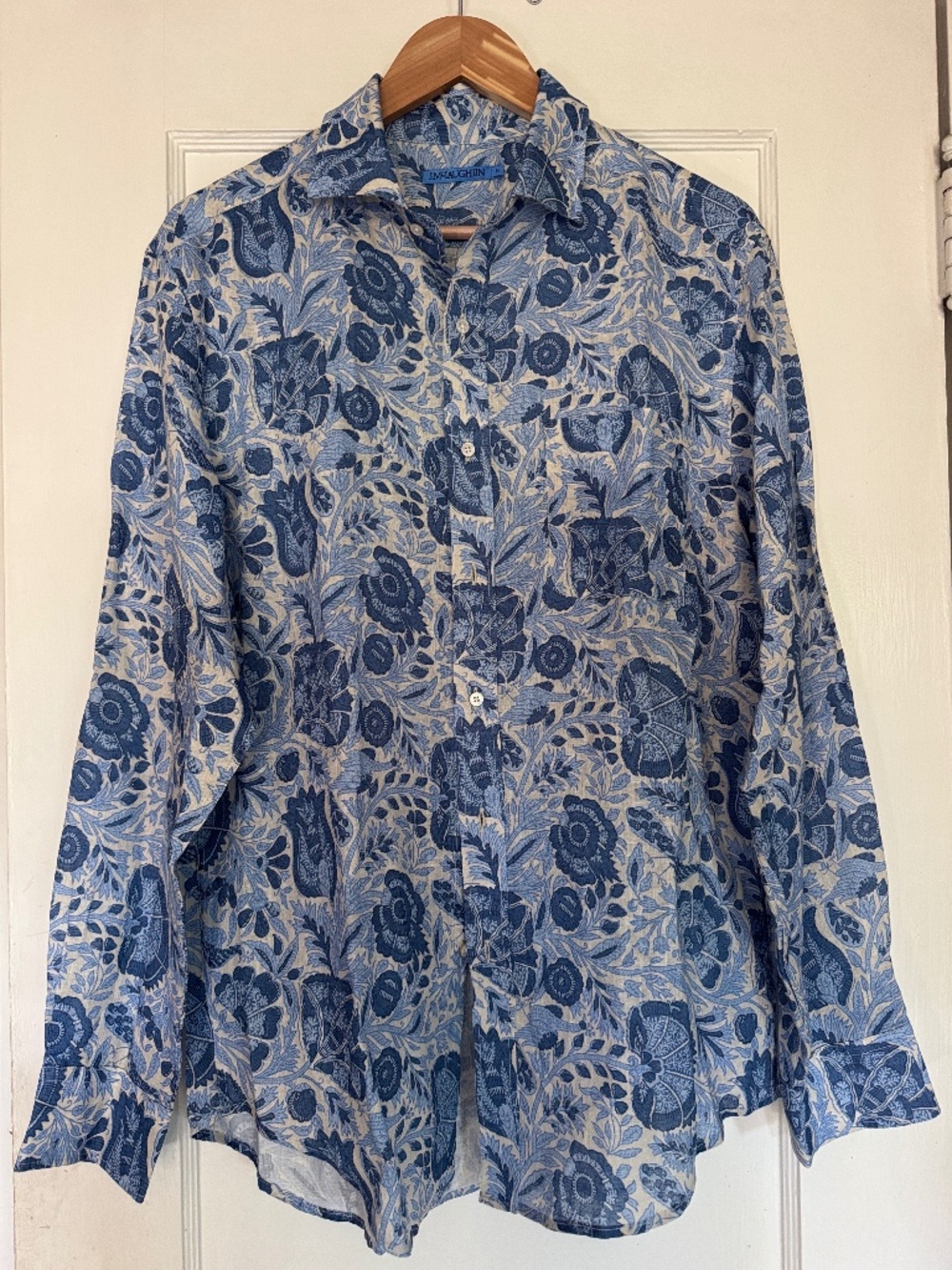 J. McLaughlin Gramercy Classic Fit Blue Floral  100% Linen Shirt - medium